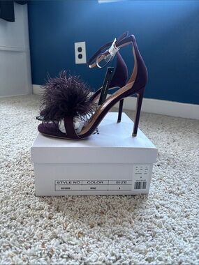 NWT Express Feather Pom Wine Stiletto Ankle Strap Heels